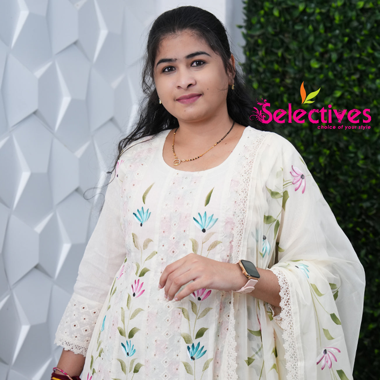 White Hakoba with Brush Paint & Organza Dupatta (Plus Size)