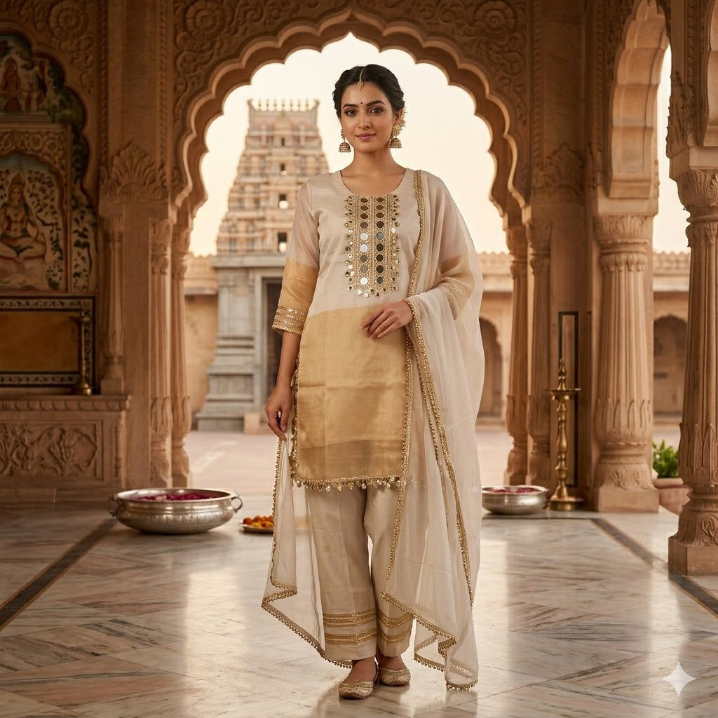 Kanjeevaram farsi cord set with mirror work