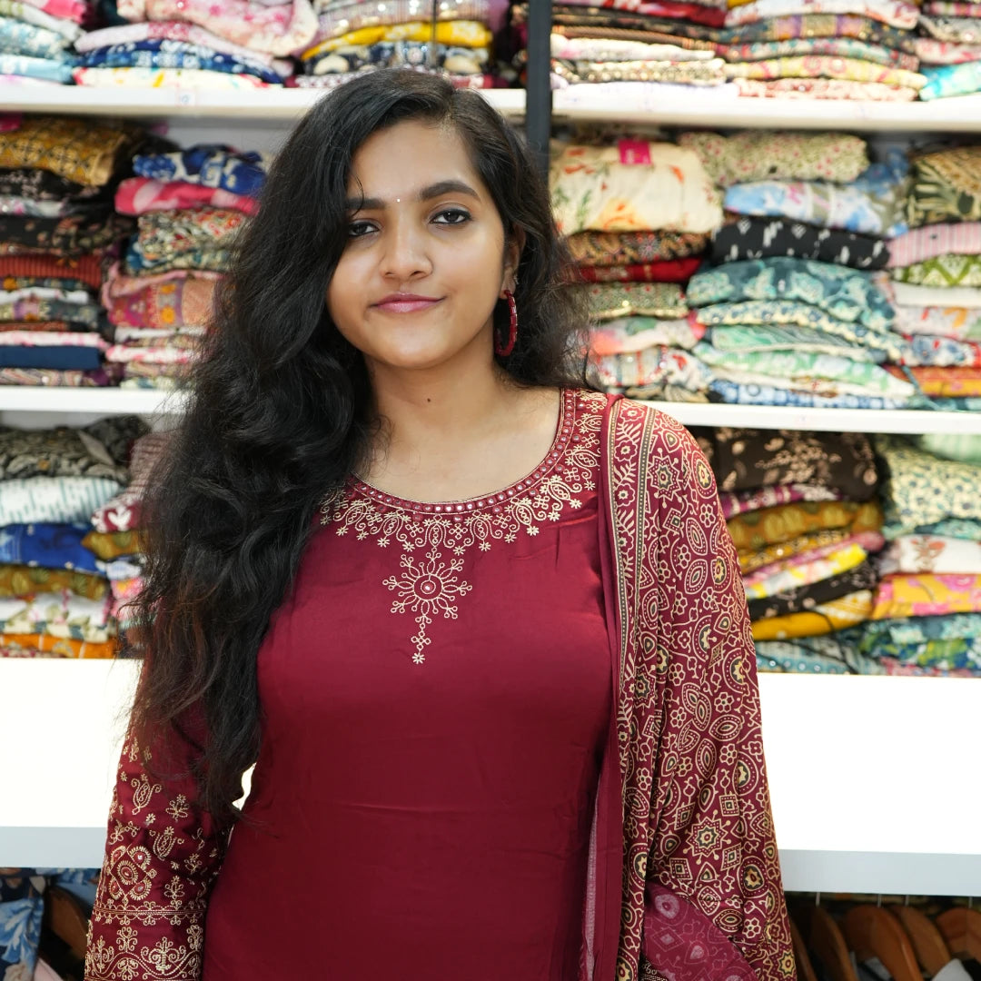 Maroon Cotton Kurta Pant Sets with dupatta