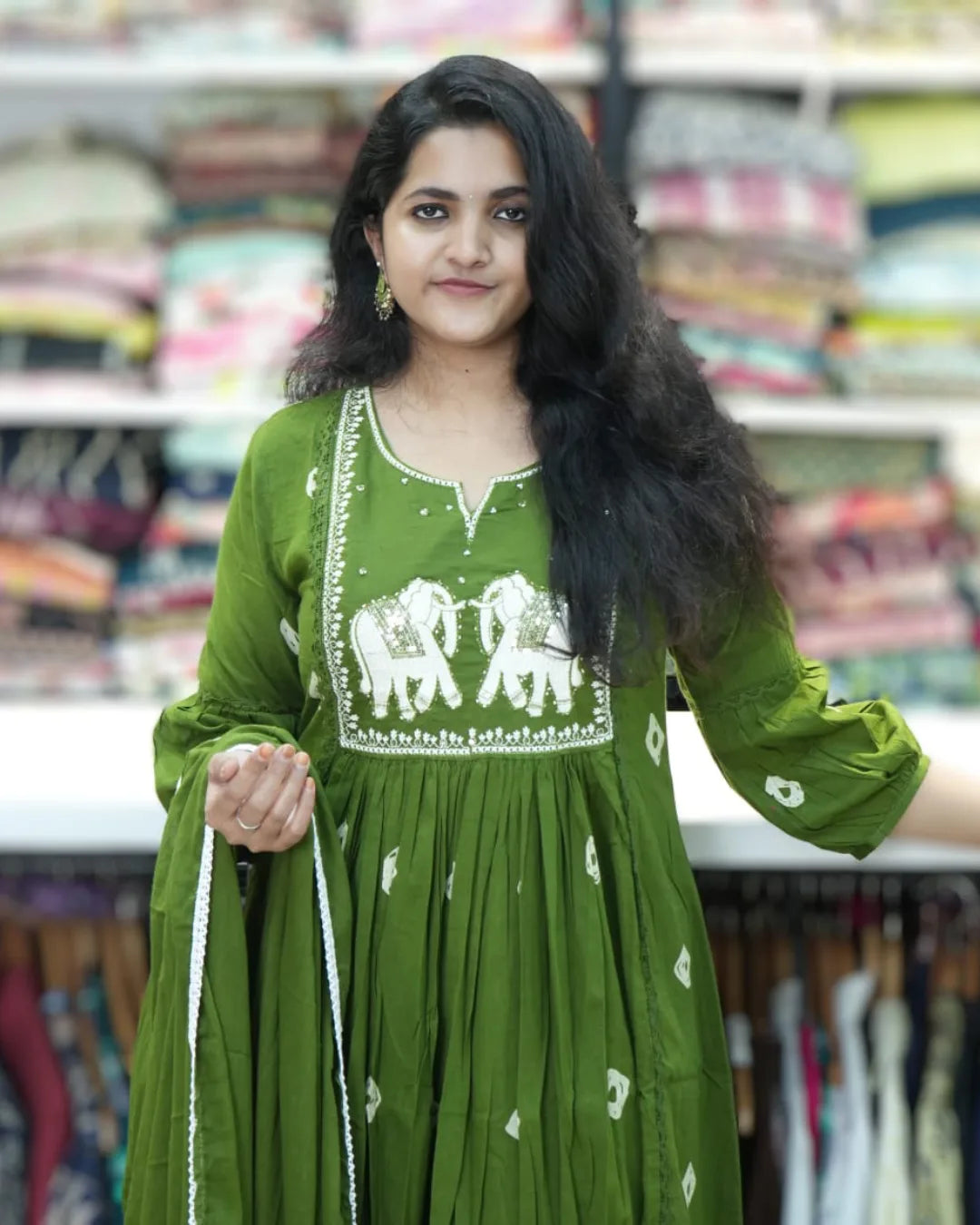 Mehndi green long frock daily wear