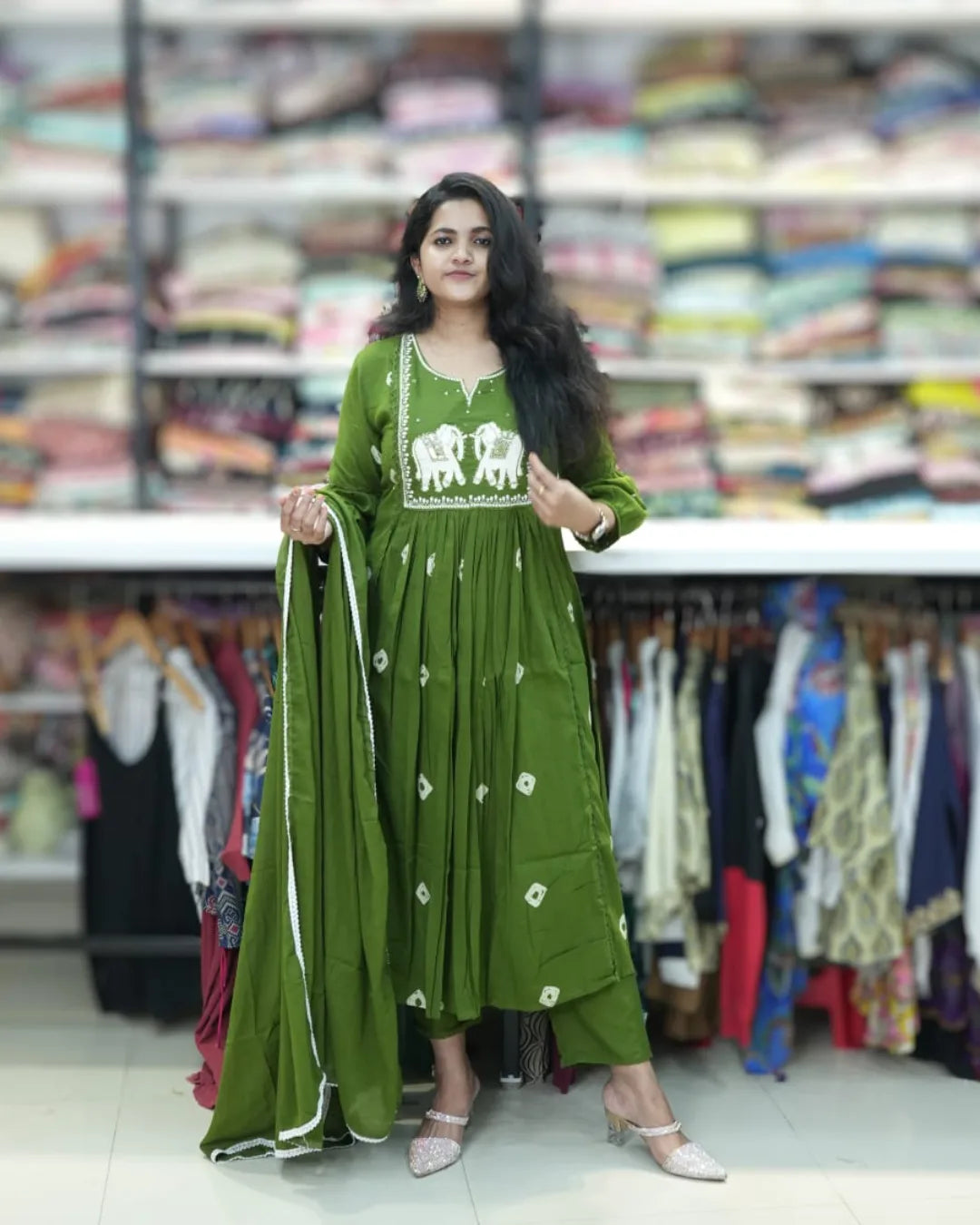 Mehndi green long frocks daily wear