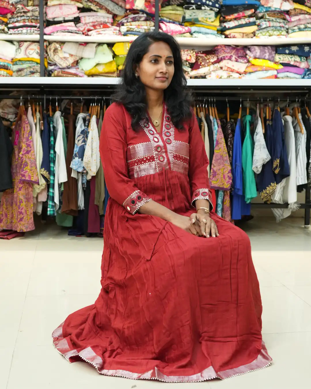 Party Wear red mirror Long Frock 