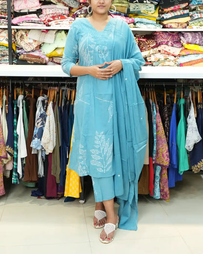 Printed Sky Blue Kurta Pant Set