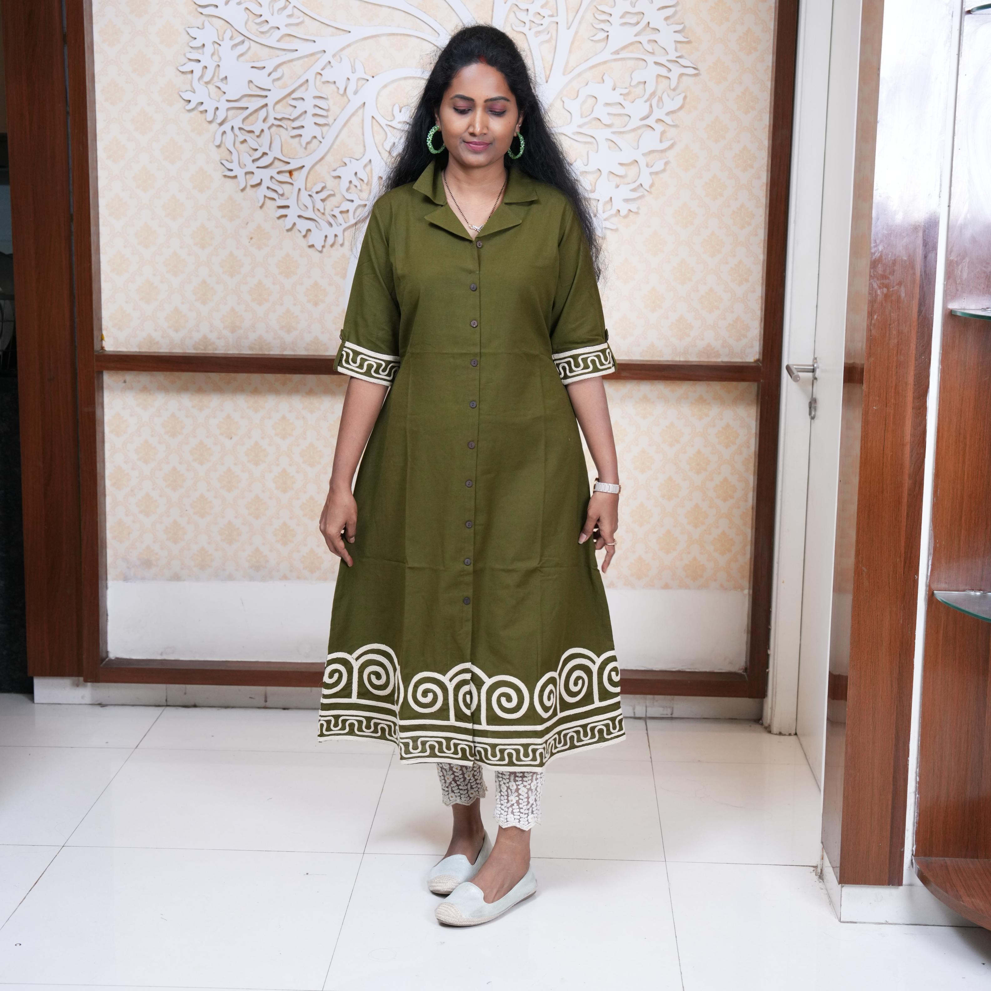 Olive Aura Rope Embroidered Indo-Western Frock