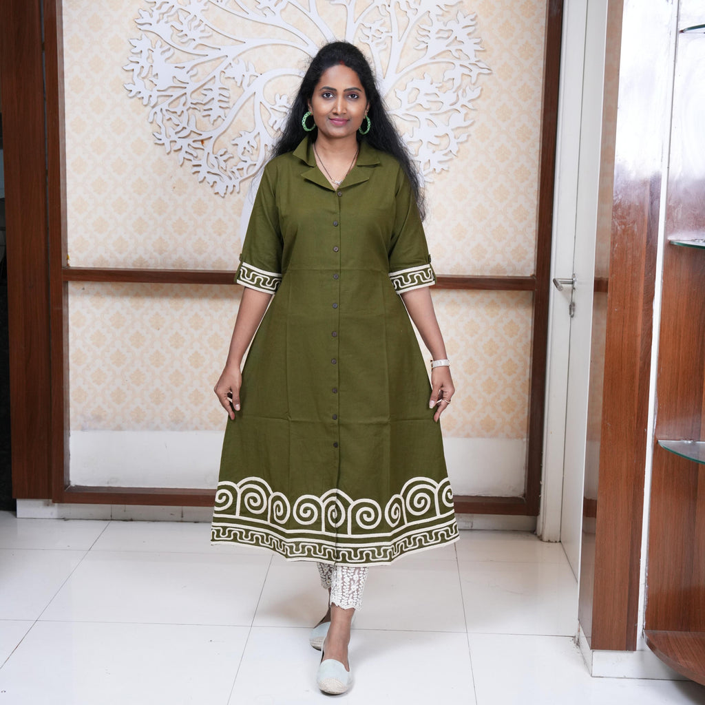 Olive Aura Rope Embroidered Indo-Western Frock