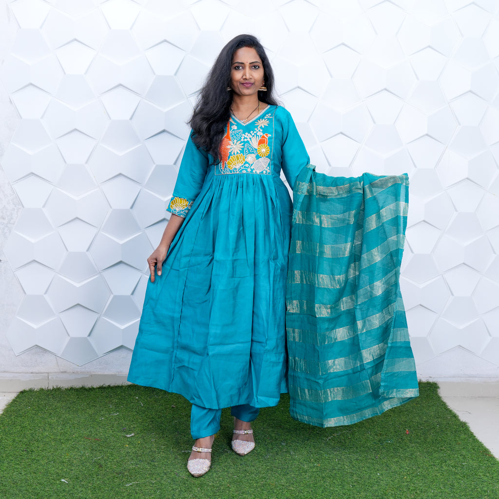 Emerald Bloom Embroidered Anarkali Set with Dupatta