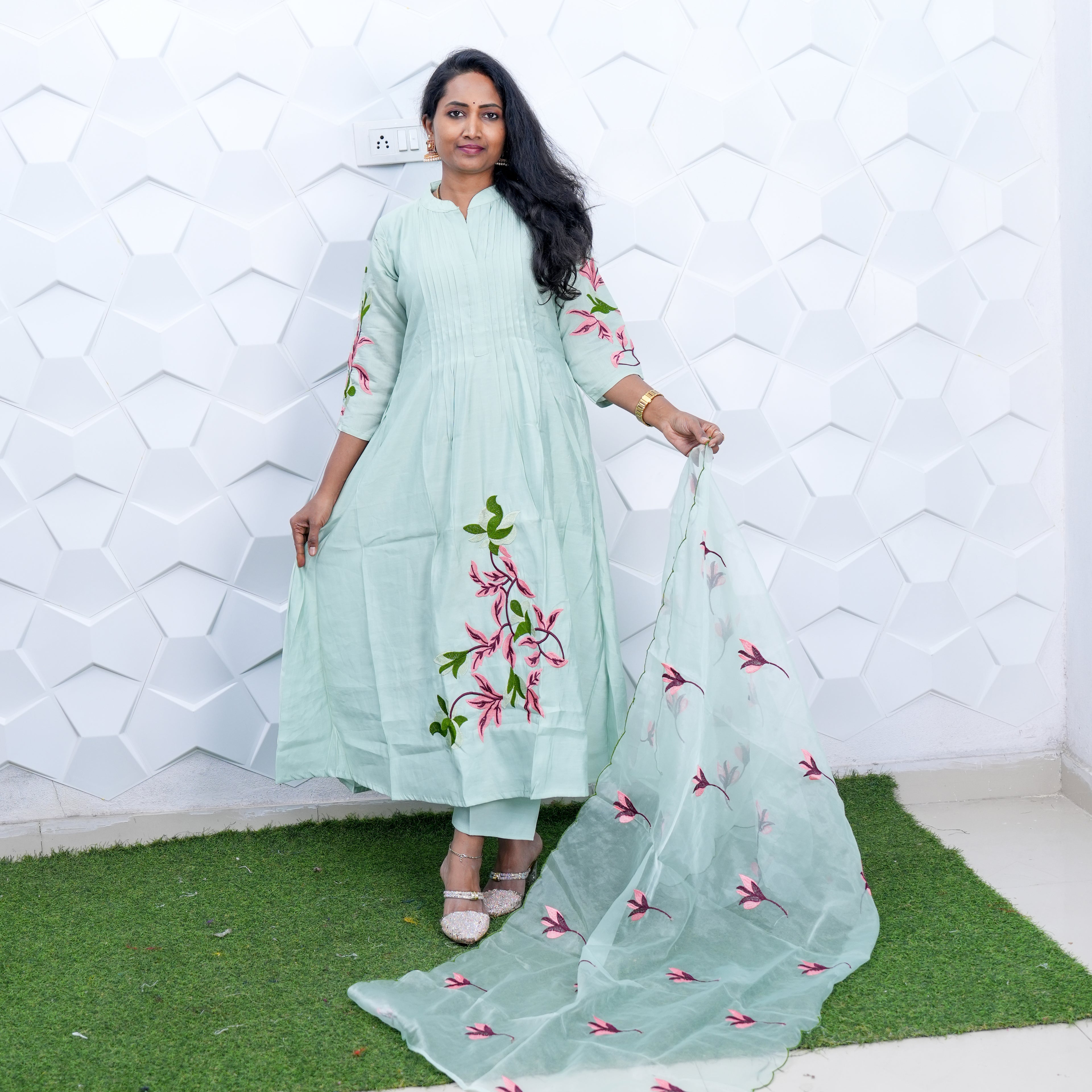 Mint Blossom Embroidered Anarkali Set
