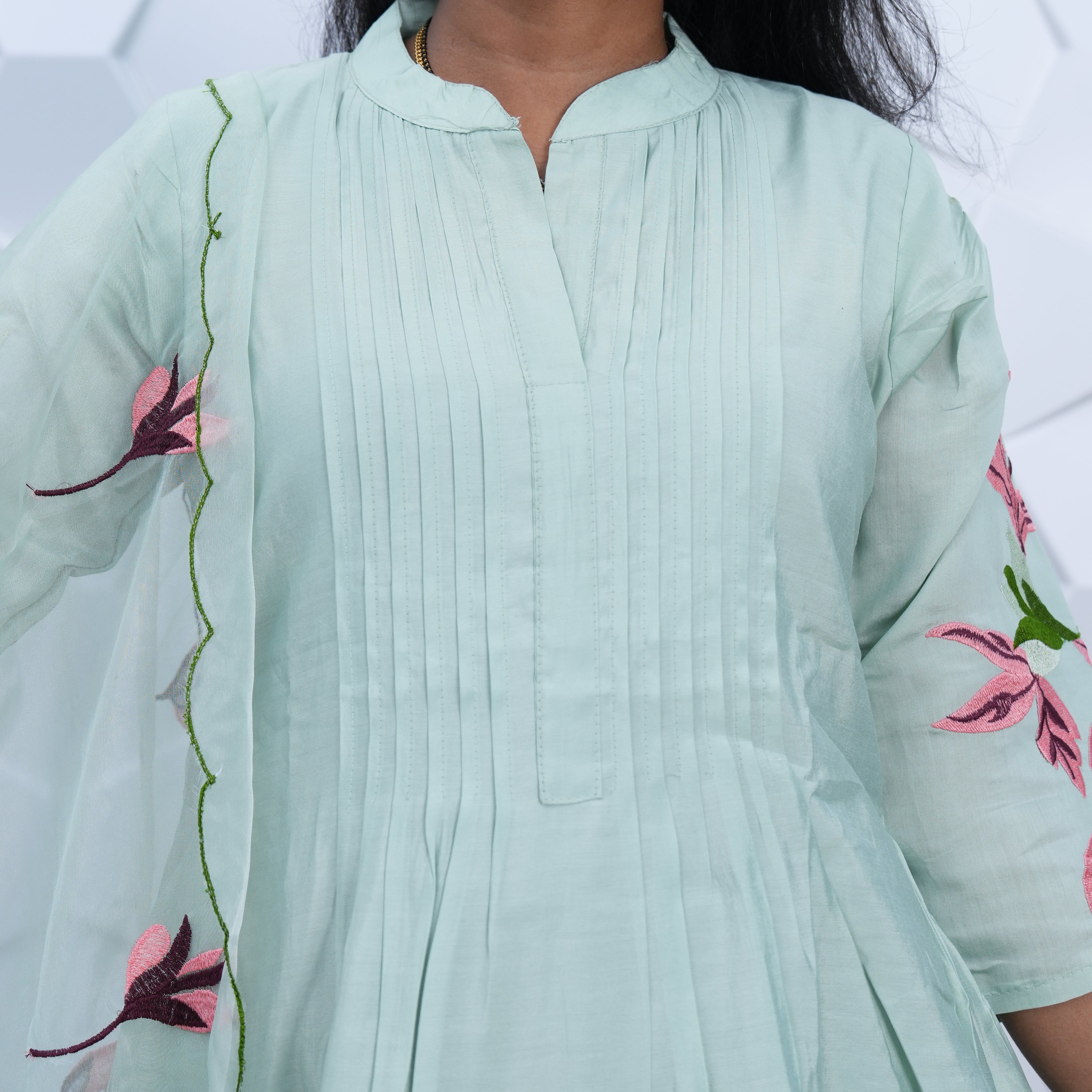 Mint Blossom Embroidered Anarkali Set