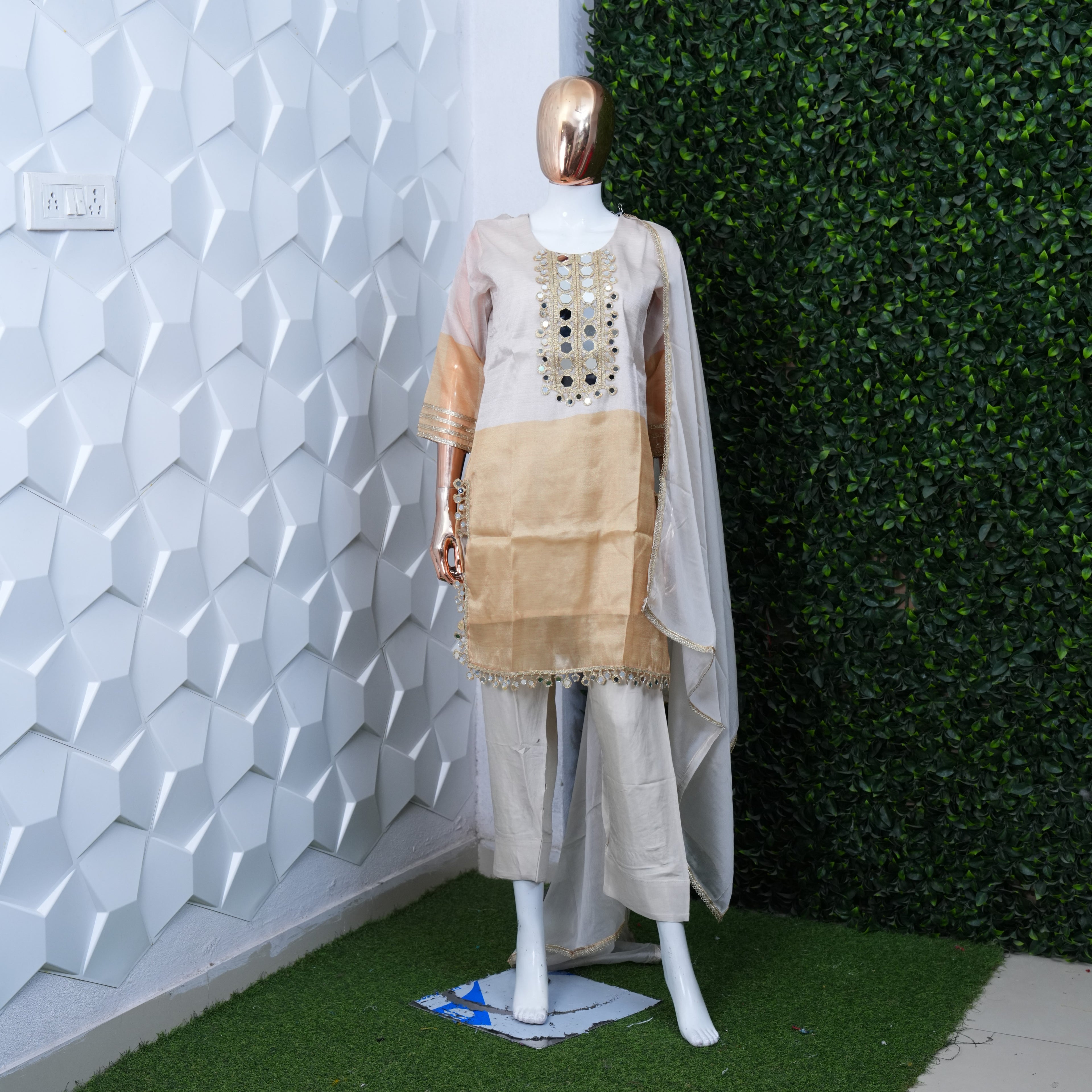 Kanjeevaram farsi cord set with mirror work