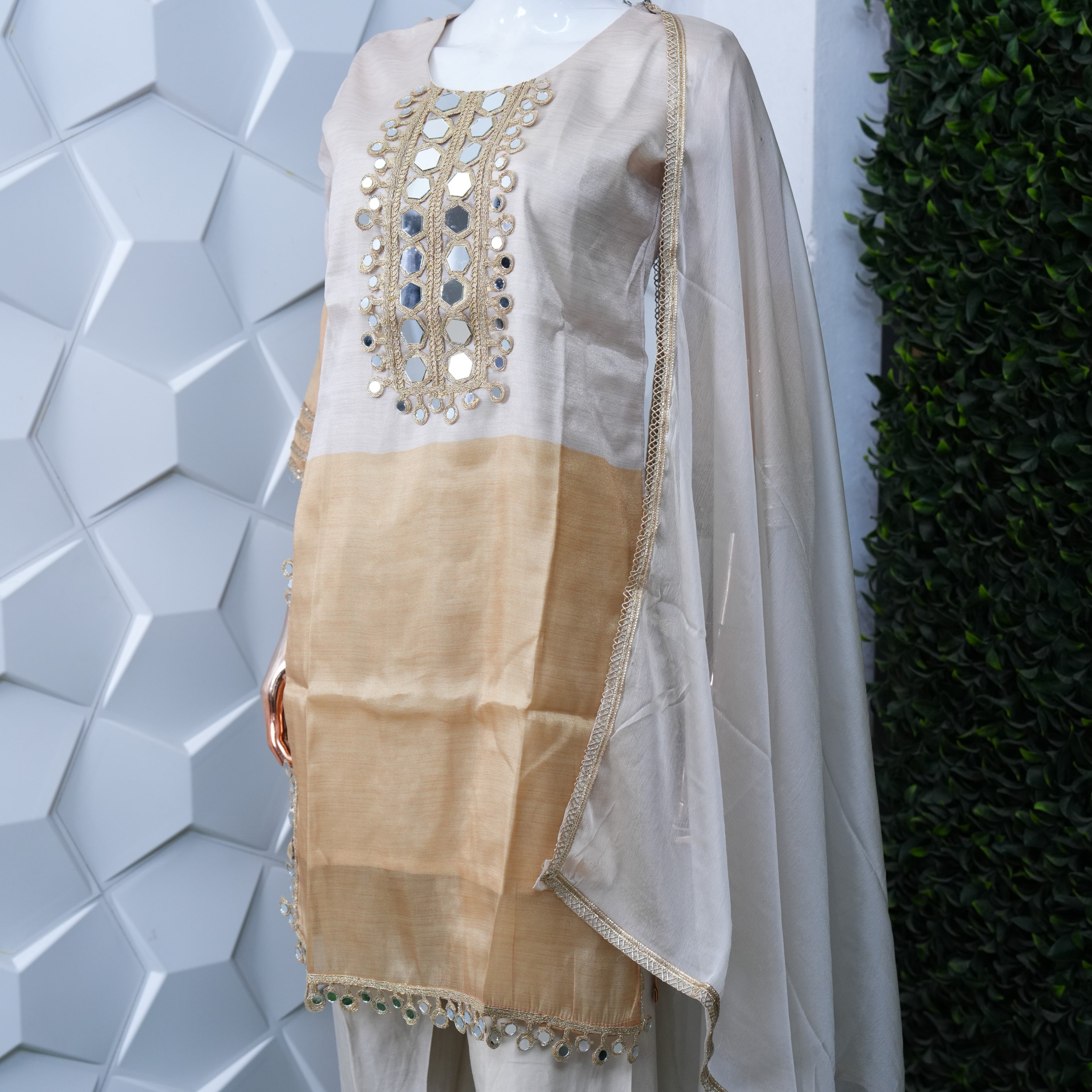 Kanjeevaram farsi cord set with mirror work