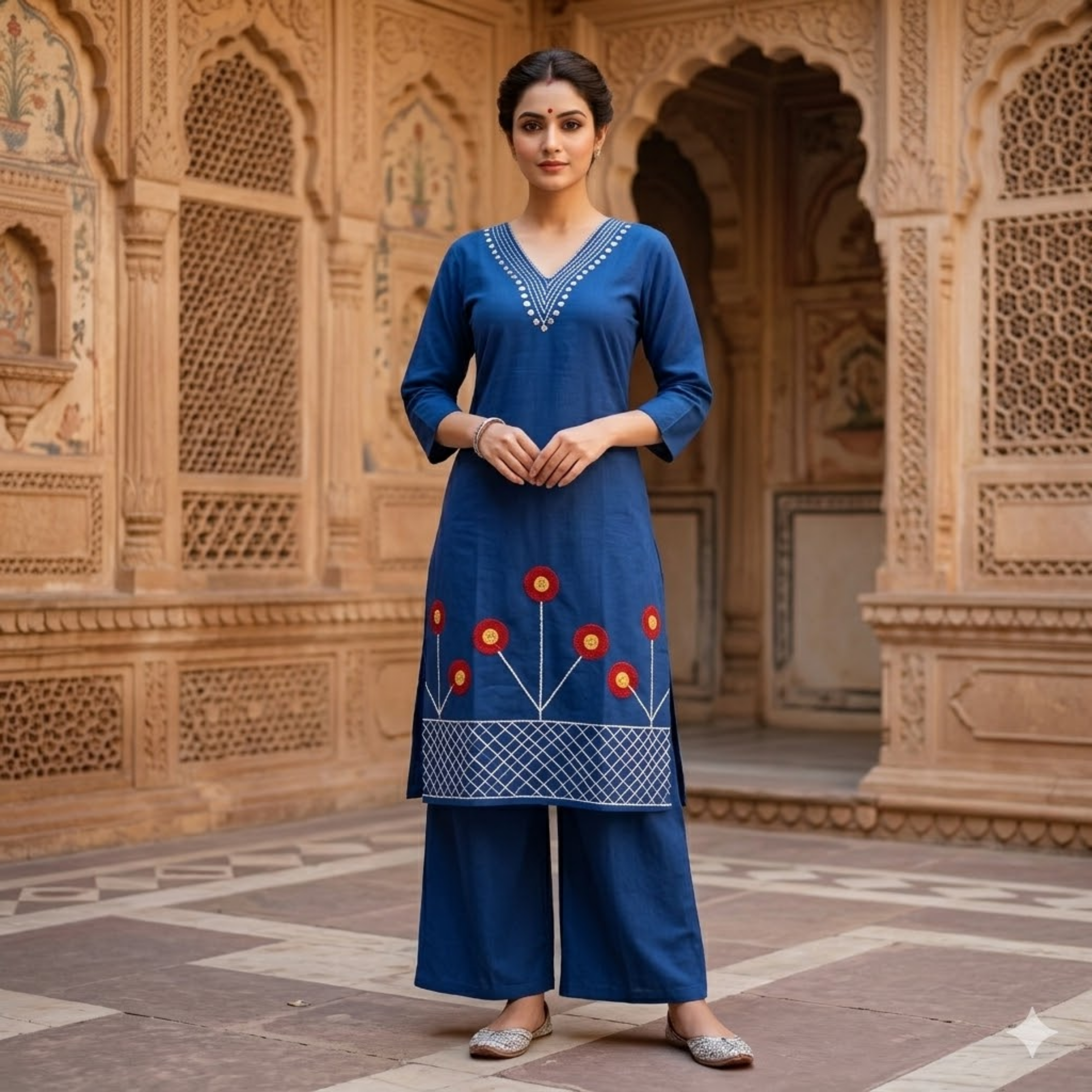 Cord set with mirror and applique work