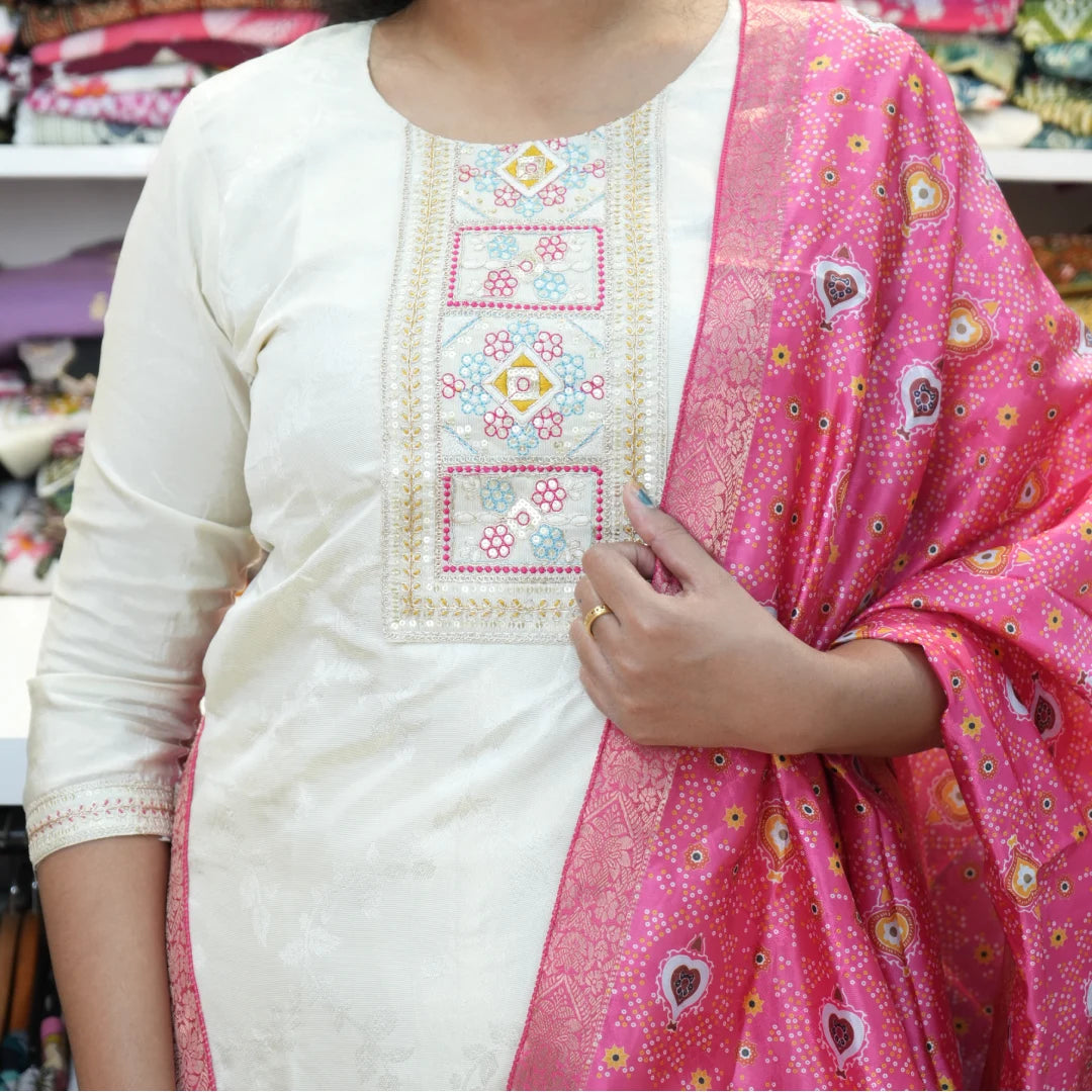 White & Pink Kurta Pant Set