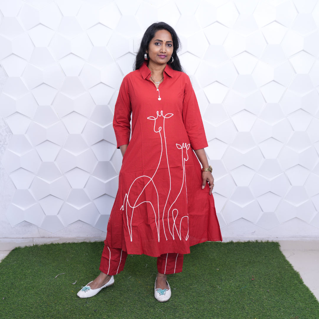 Crimson Giraffe Embroidered Kurta Set