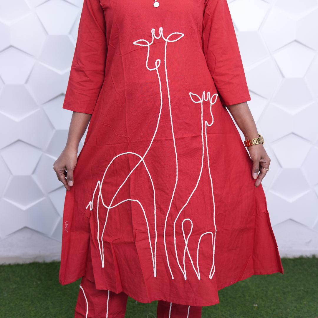 Crimson Giraffe Embroidered Kurta Set