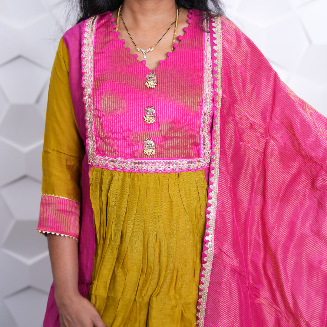 Golden Bloom Kurta Set with Pink Dupatta