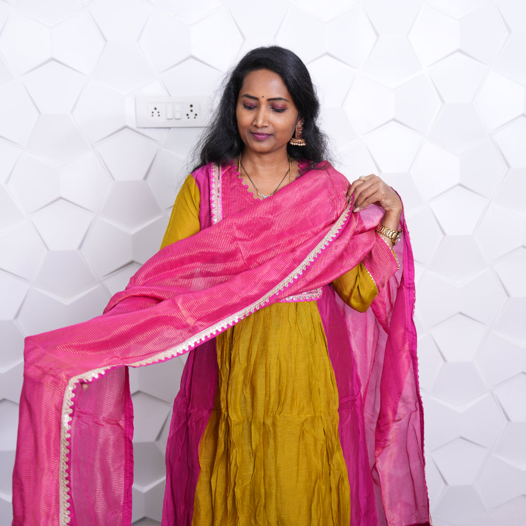 Golden Bloom Kurta Set with Pink Dupatta