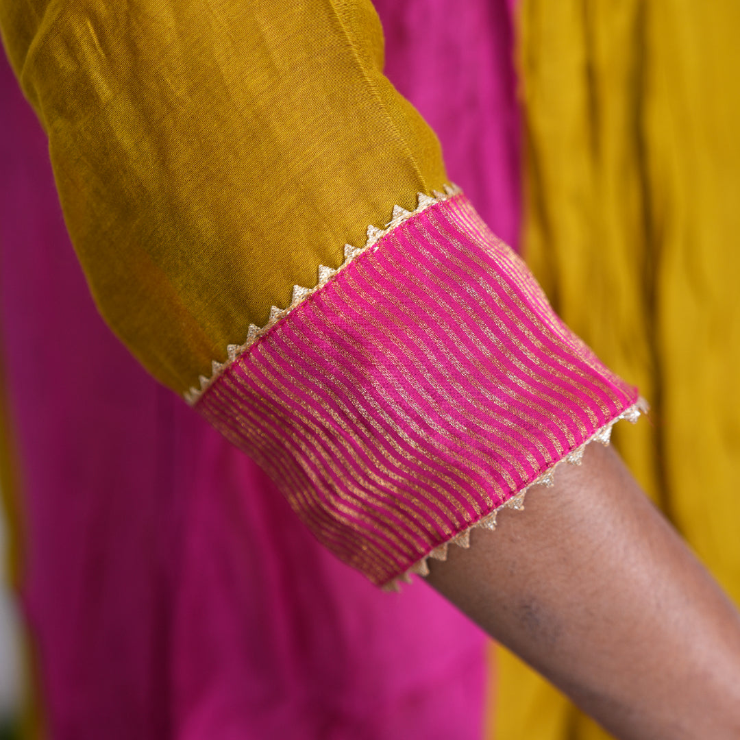 Golden Bloom Kurta Set with Pink Dupatta