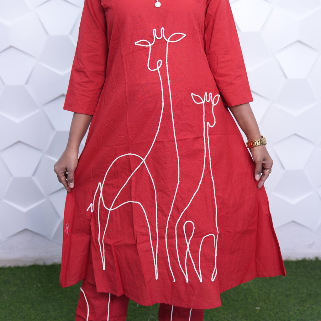 Crimson Giraffe Embroidered Kurta Set