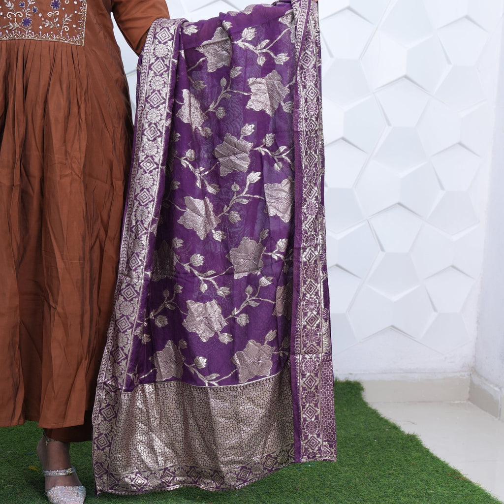 Earthy Terracotta Pleated Kurta Set with Royal Purple Zari Dupatta