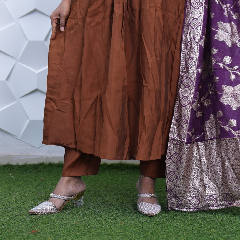 Earthy Terracotta Pleated Kurta Set with Royal Purple Zari Dupatta