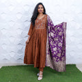 Earthy Terracotta Pleated Kurta Set with Royal Purple Zari Dupatta