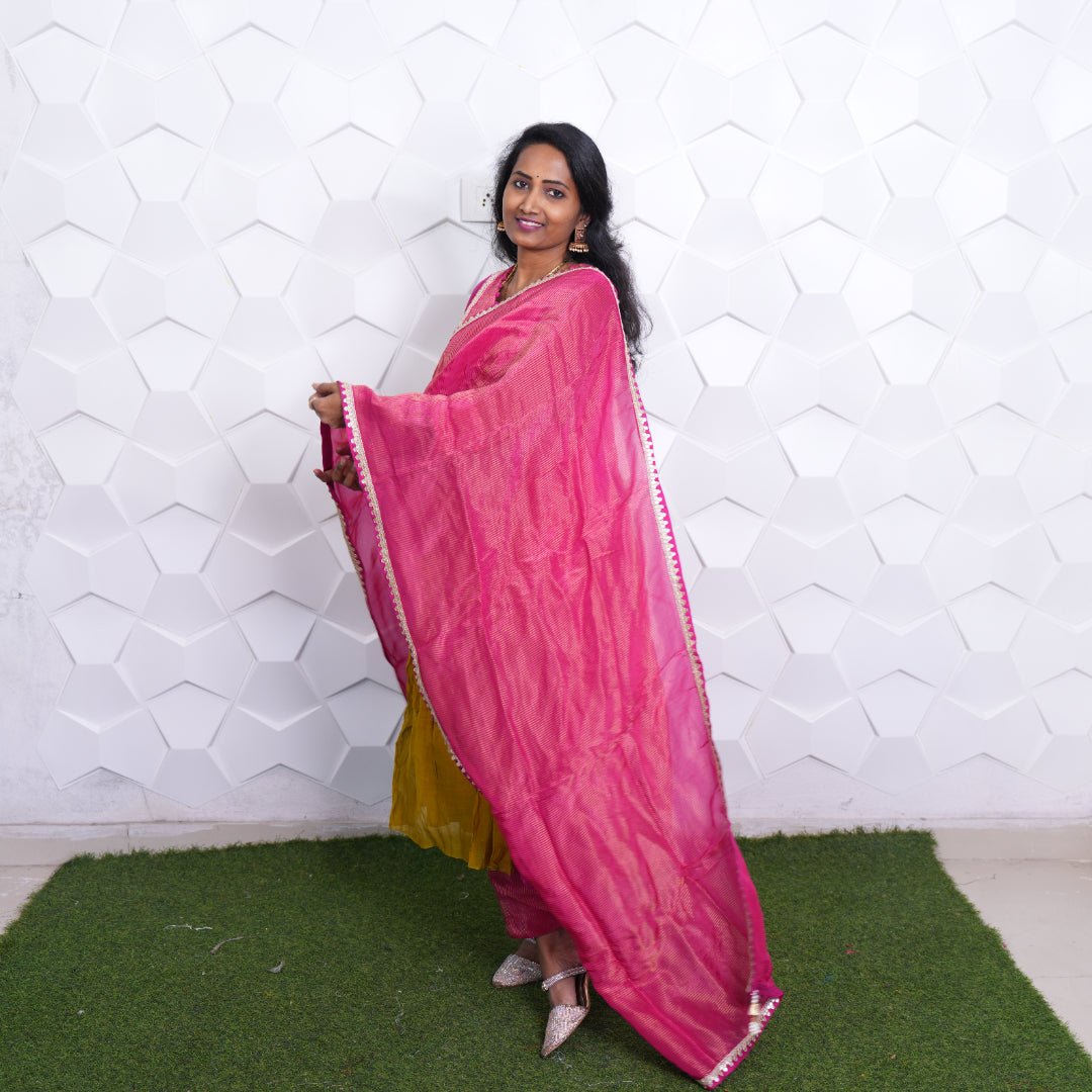 Golden Bloom Kurta Set with Pink Dupatta