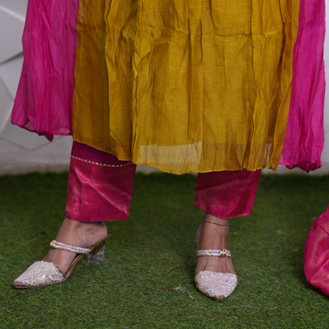 Golden Bloom Kurta Set with Pink Dupatta