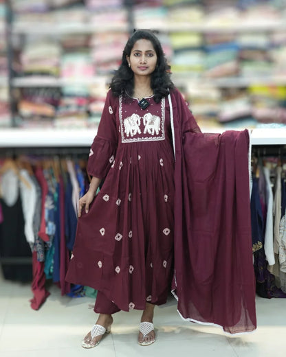 maroon elephant design long frock daily wear