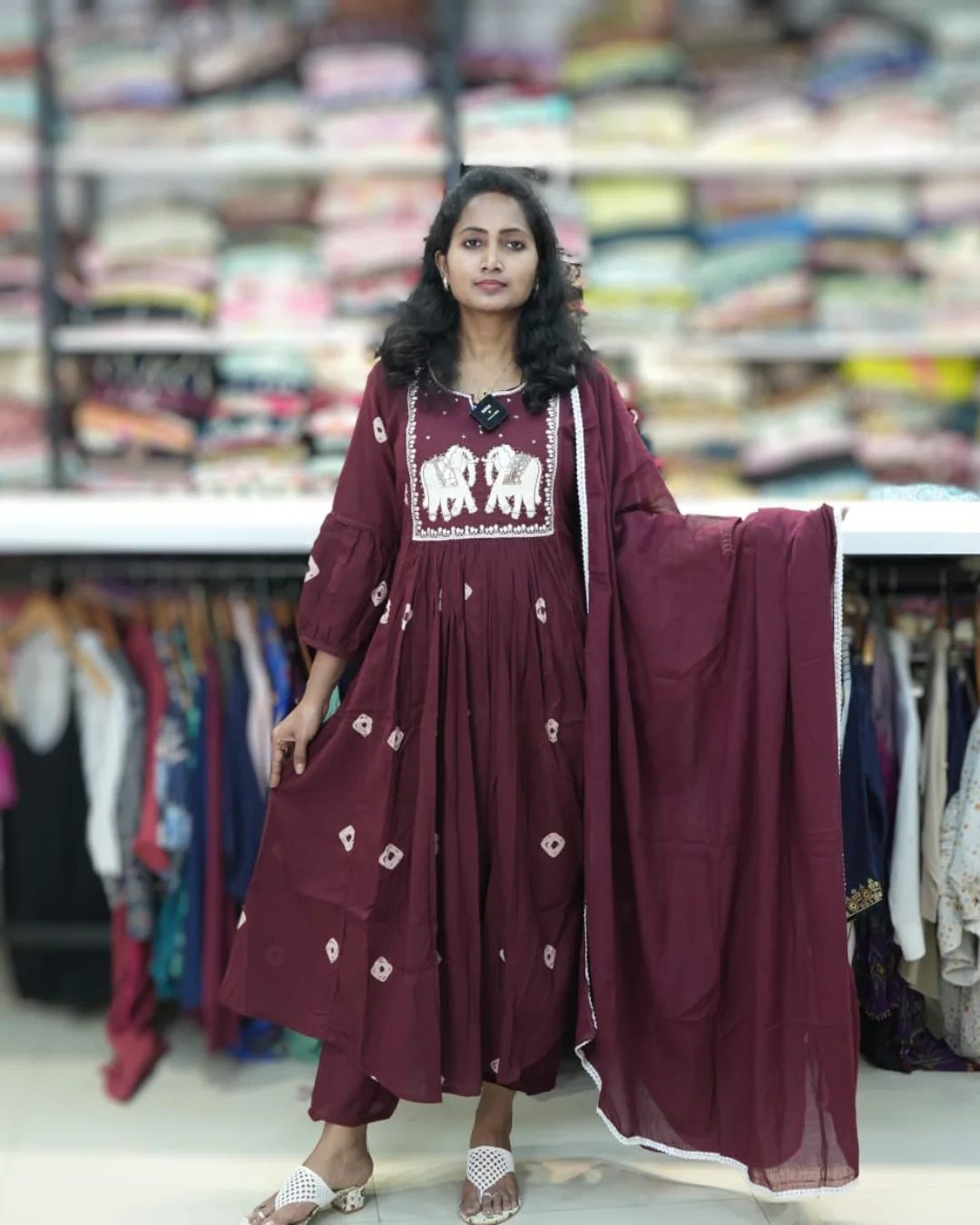 maroon elephant long frock daily wear