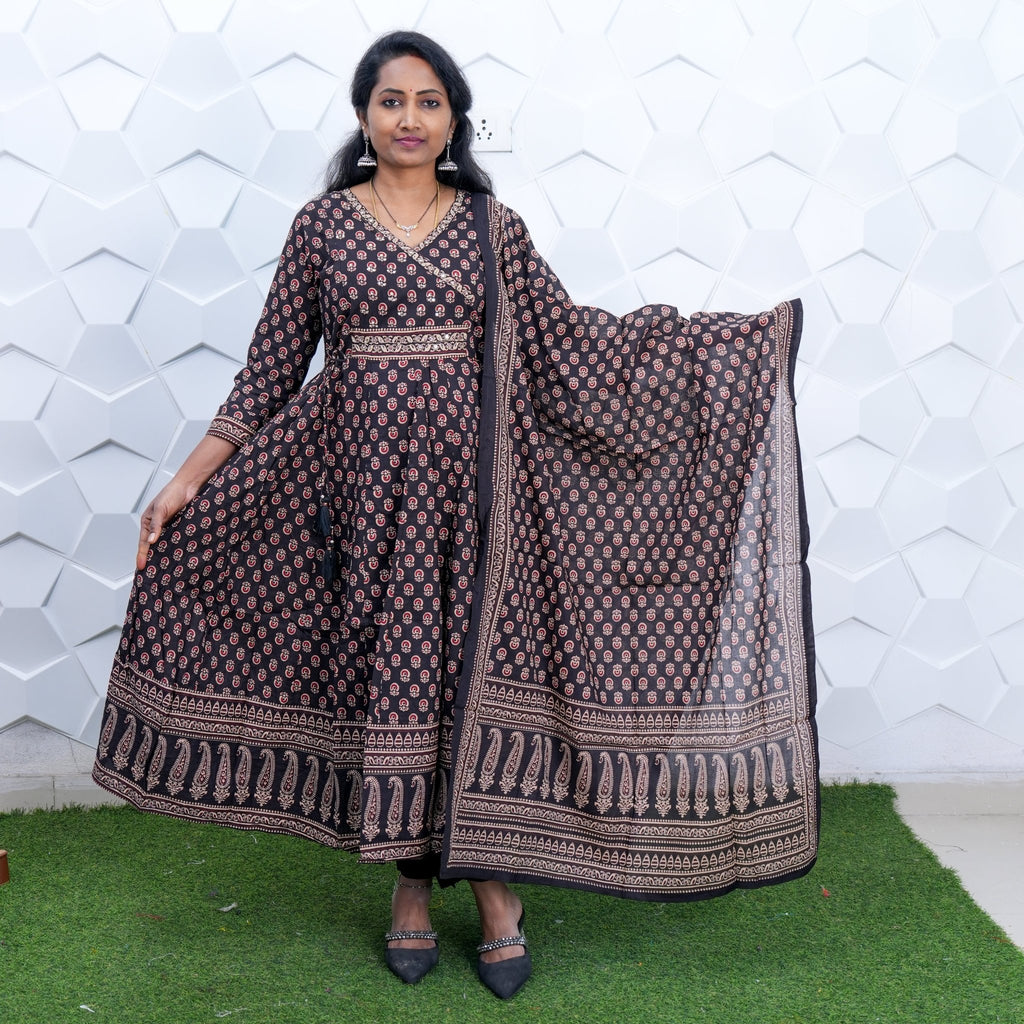 Midnight Elegance Printed Anarkali Set
