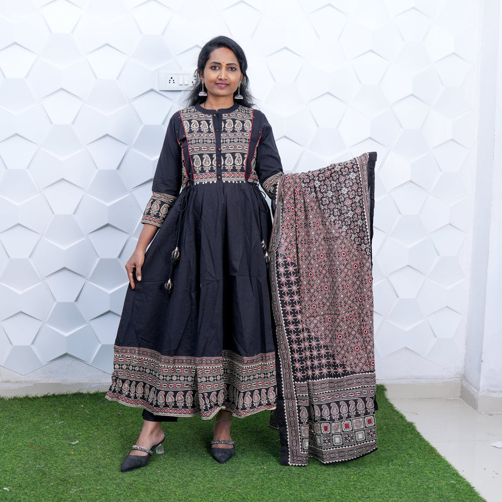 Midnight Elegance Printed Anarkali Set