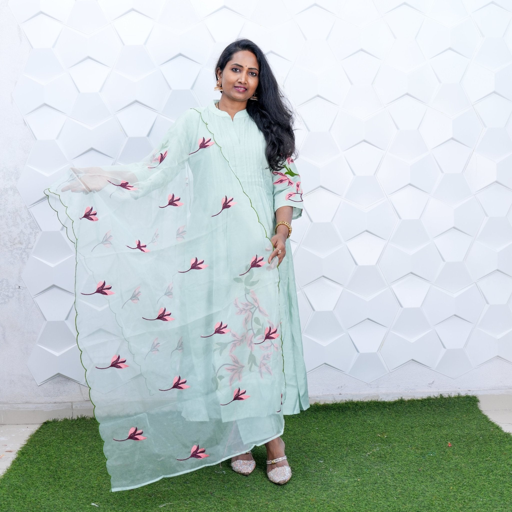 Mint Blossom Embroidered Anarkali Set