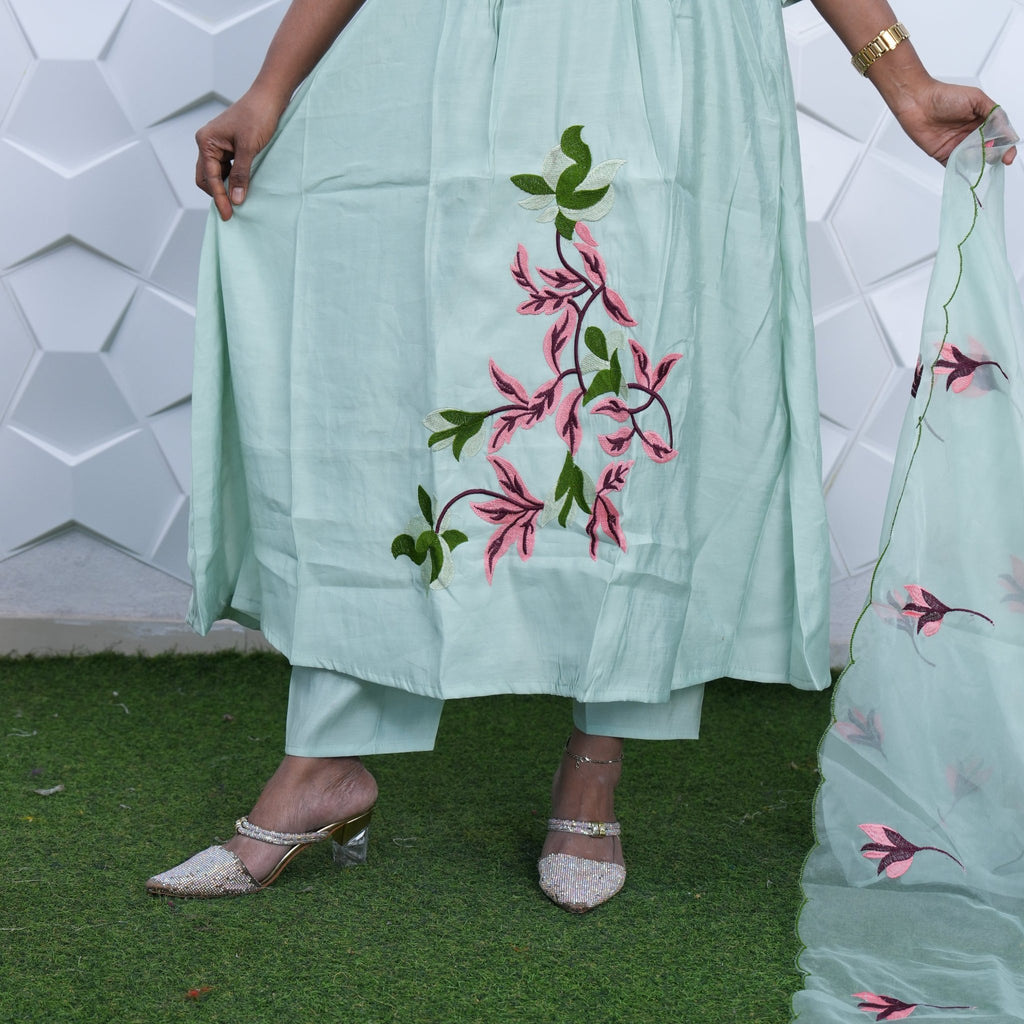 Mint Blossom Embroidered Anarkali Set