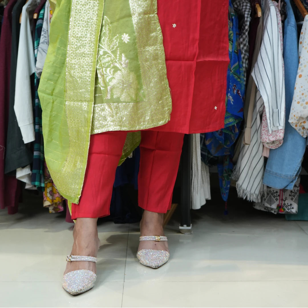 Red & Green Kurta Pant Set