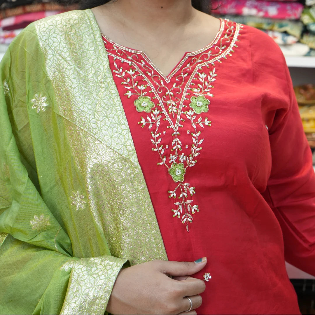 Red & Green Kurta Pant Set