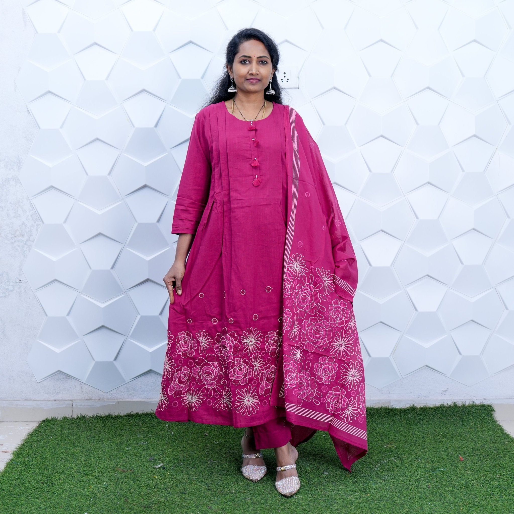 Rose Bloom Pink Embroidered Kurti Set
