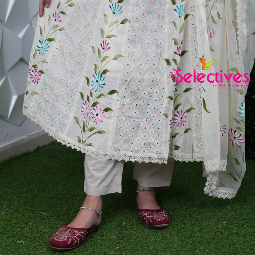 White Hakoba with Brush Paint & Organza Dupatta