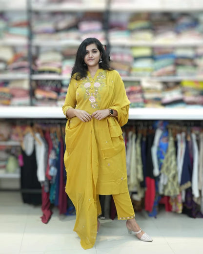 yellow chest kurta pant set