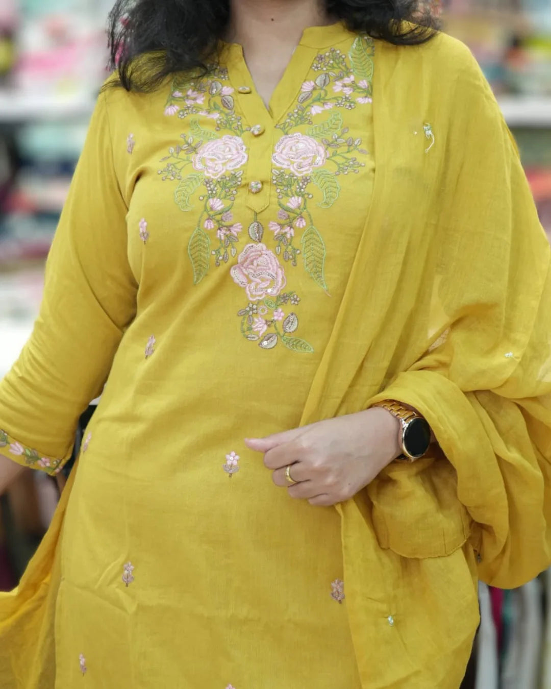 yellow style chest  kurta pant set