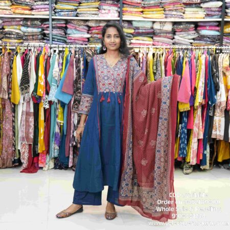 Blue & Red 3-Piece Cotton Kurta Set