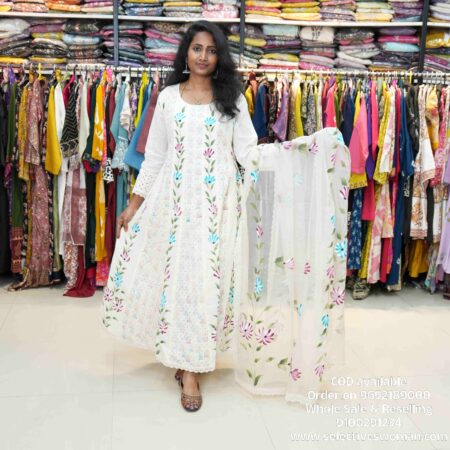 Elegant White 3-Piece Cotton Anarkali Set (Plus Size)