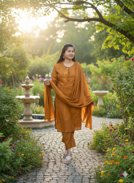 Elegant Mustard Cotton Kurta Set with Dupatta