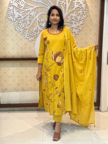 🌼 Mustard Yellow Floral Embroidered Kurta Set with Dupatta 3 Piece Kurtha Set