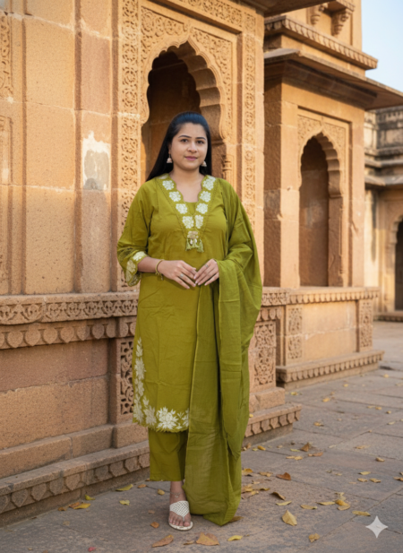 Olive Green Embroidered Kurta Set with Dupatta