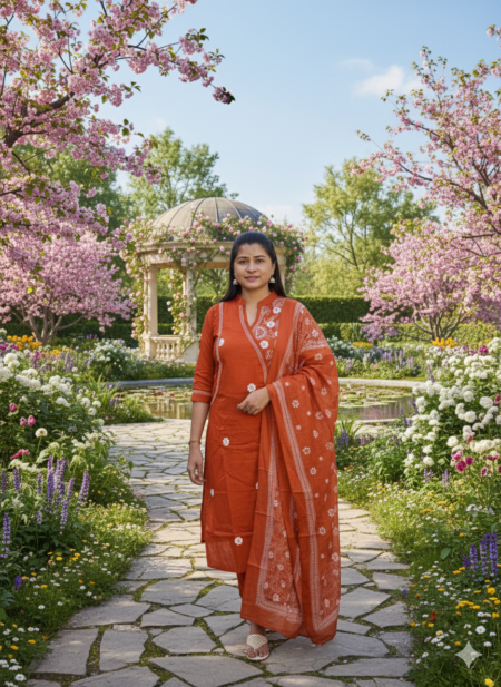 Rust Orange Embroidered Kurta Set with Dupatta