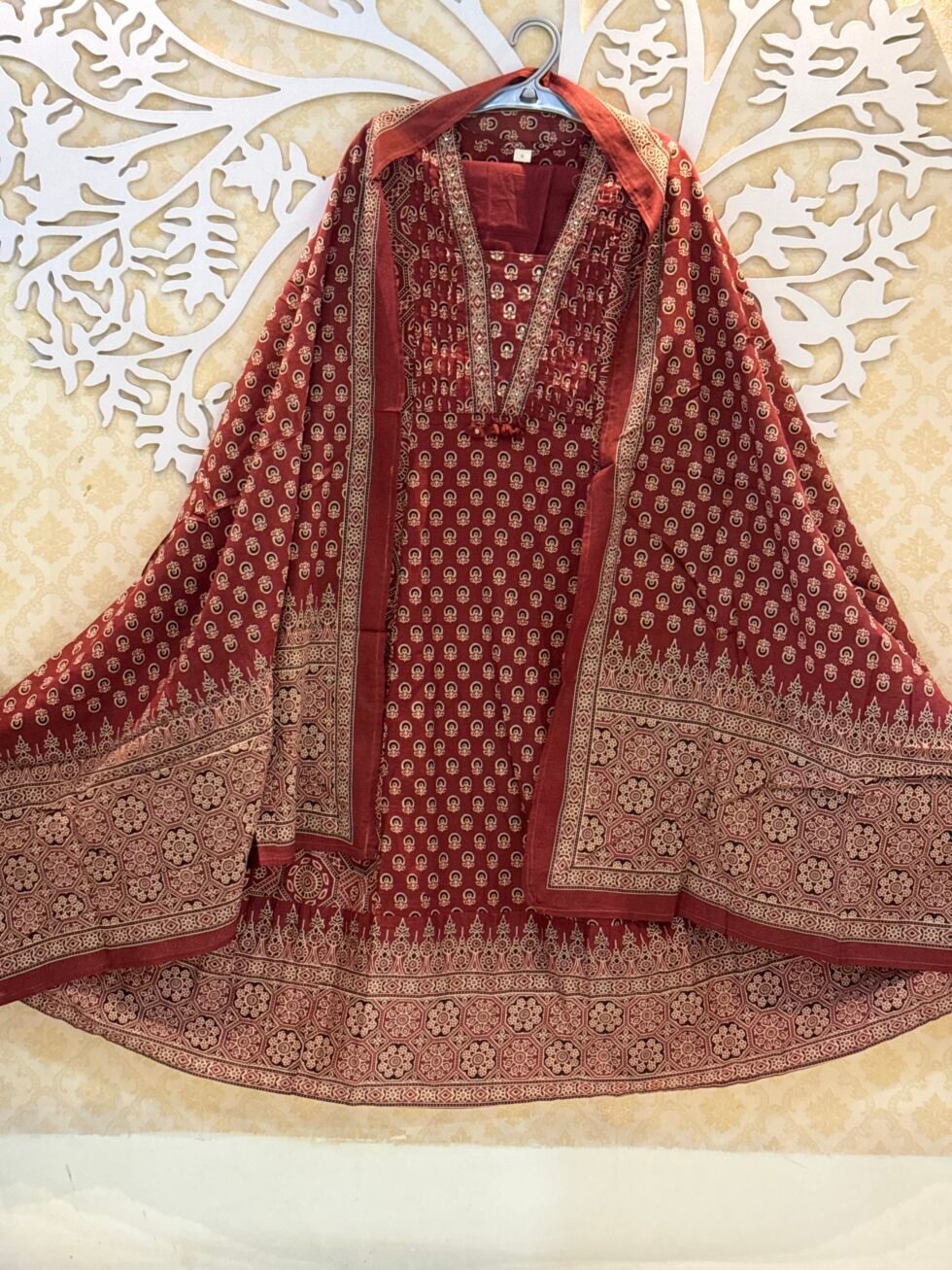 Brick Red Hazrakh Print Kurta Set for plus size women