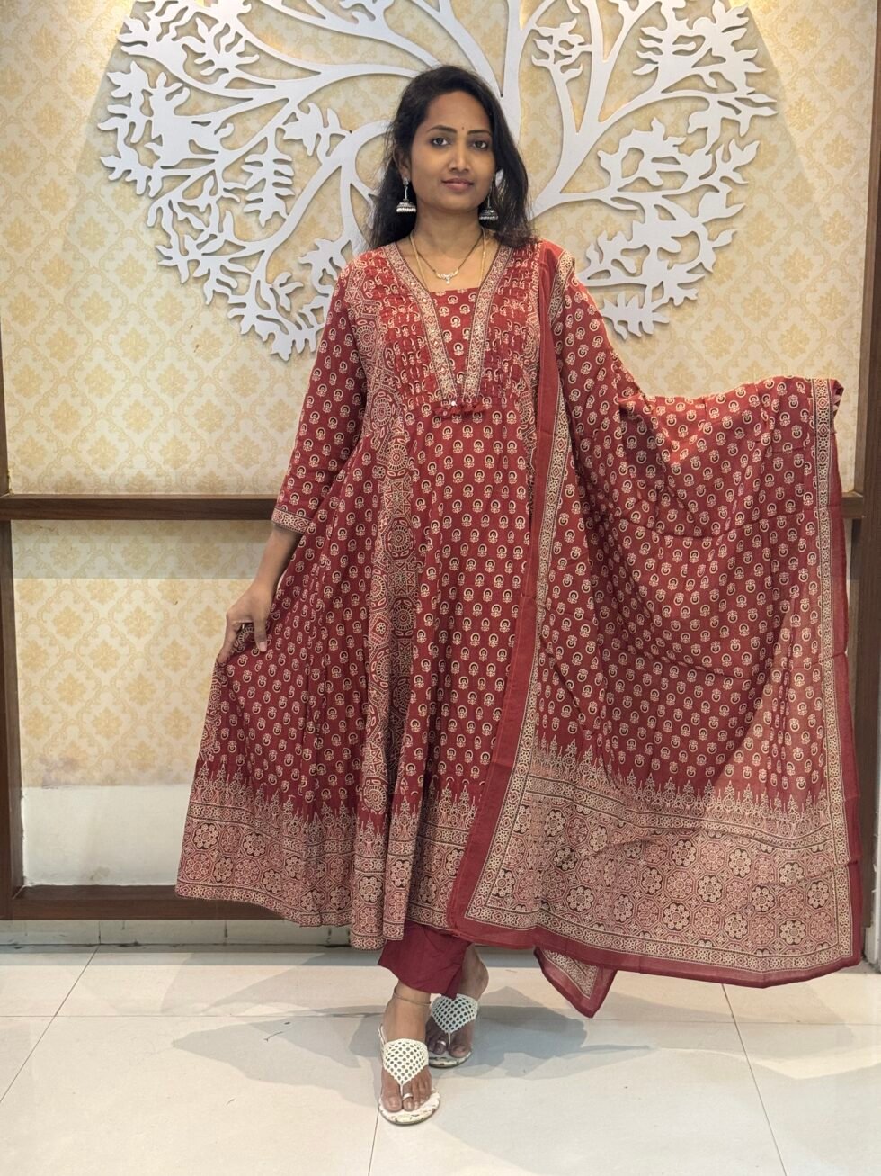 Brick Red Hazrakh Print Kurta Set for plus size women